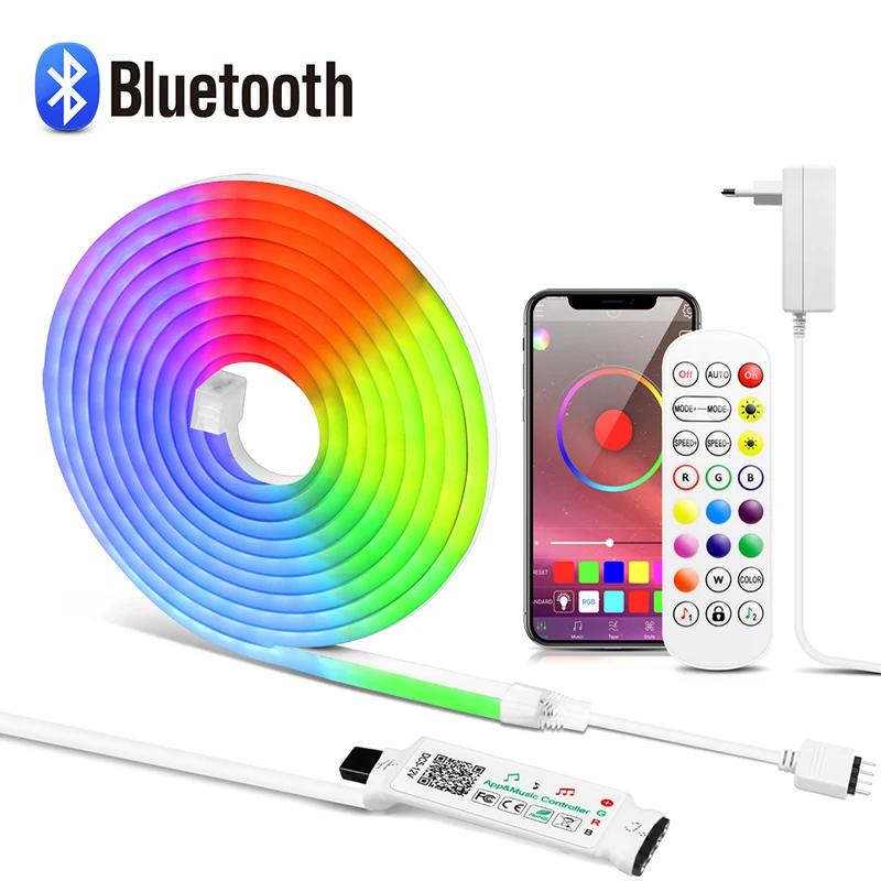 RGB LED 스트립 라이트 블루투스 리모컨 플렉스 네온 라이트, 밝기 조절 가능, 스마트 홈 벽 주방 침실 장식, DC12V